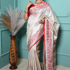 Warm White Pure Kosa Silk Saree with Bastar Embroidery Work