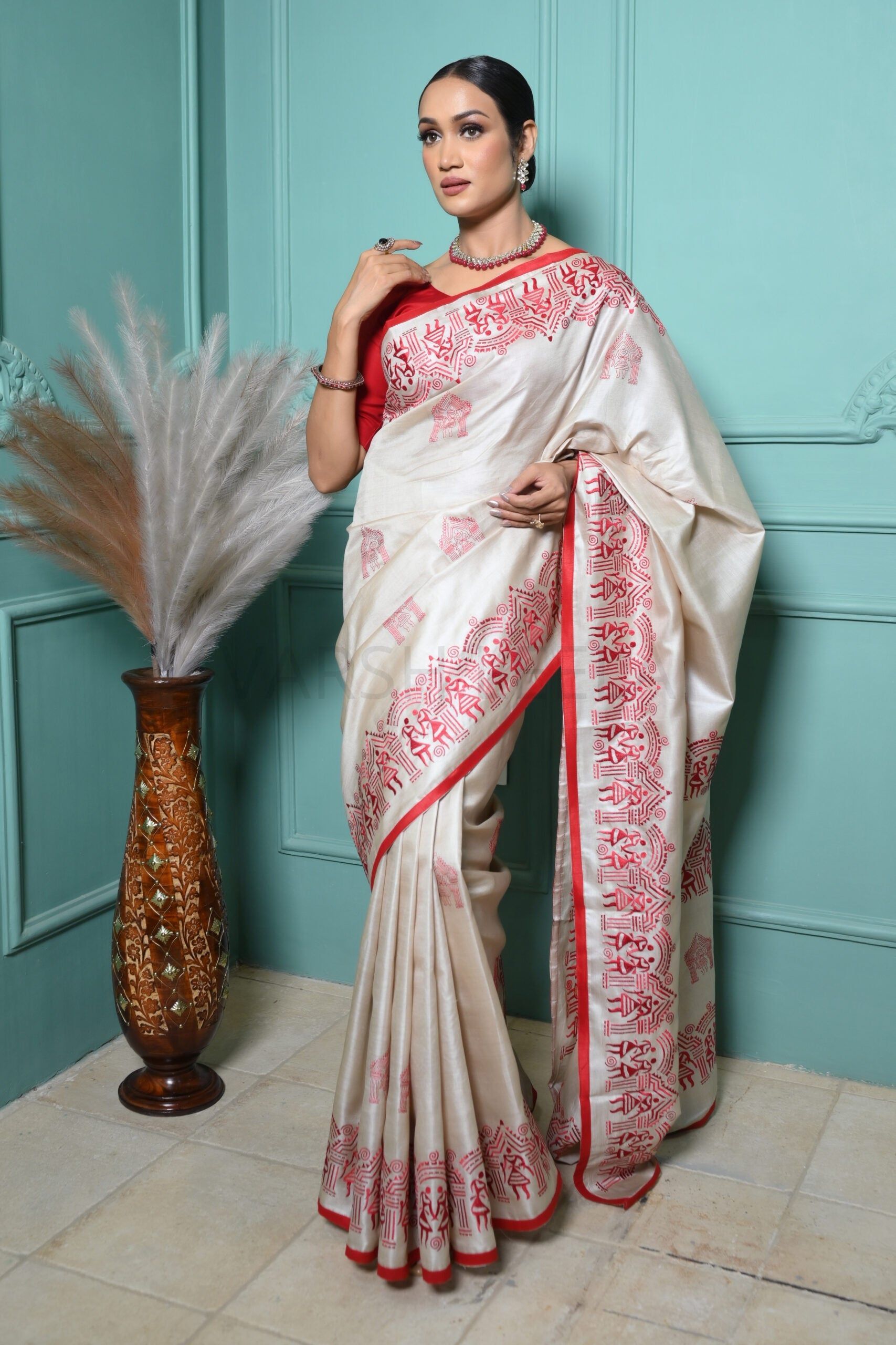 Warm White Pure Kosa Silk Saree with Bastar Embroidery Work