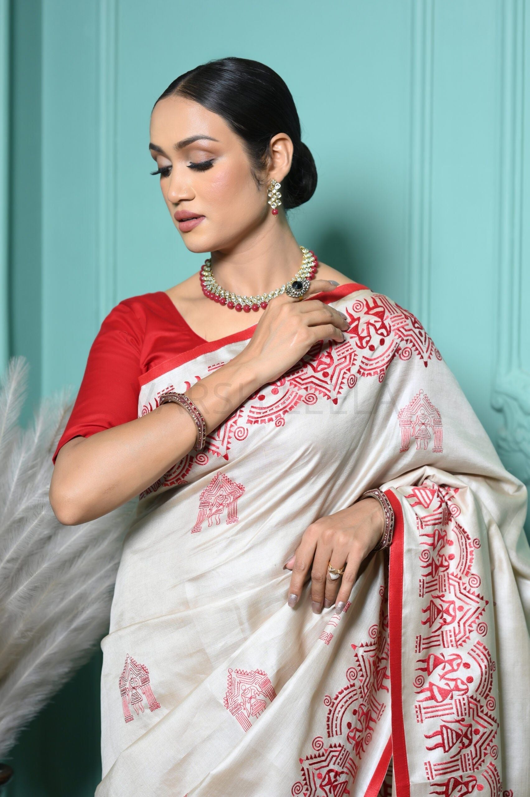Warm White Pure Kosa Silk Saree with Bastar Embroidery Work