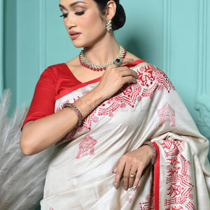 Warm White Pure Kosa Silk Saree with Bastar Embroidery Work