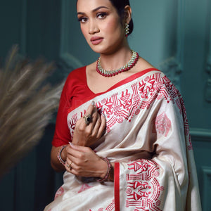 Warm White Pure Kosa Silk Saree with Bastar Embroidery Work