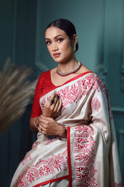 Warm White Pure Kosa Silk Saree with Bastar Embroidery Work