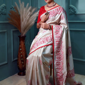 Warm White Pure Kosa Silk Saree with Bastar Embroidery Work