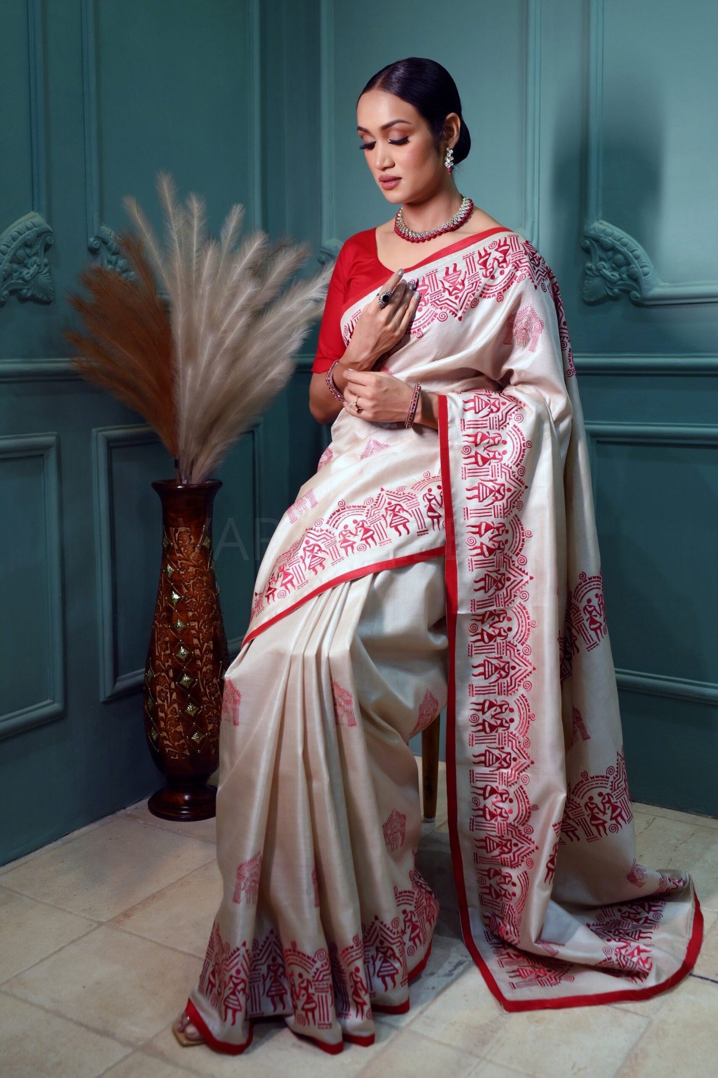 Warm White Pure Kosa Silk Saree with Bastar Embroidery Work