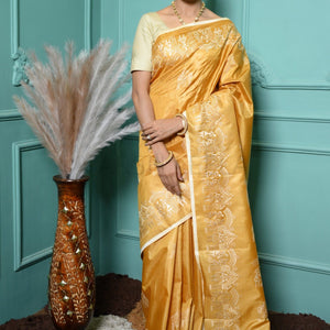 Mustard Handloom Pure Kosa Silk Saree with Bastar Embroidery Work