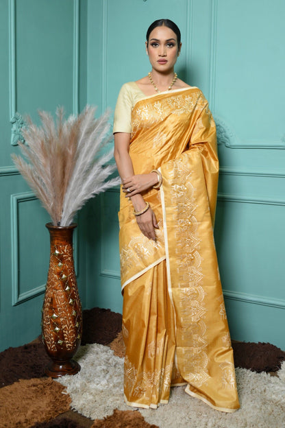 Mustard Handloom Pure Kosa Silk Saree with Bastar Embroidery Work