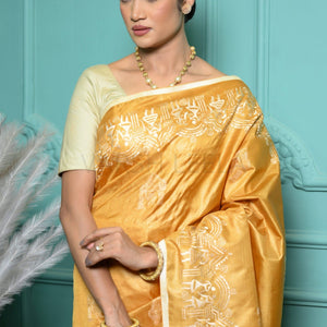 Mustard Handloom Pure Kosa Silk Saree with Bastar Embroidery Work