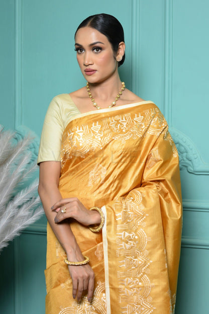 Mustard Handloom Pure Kosa Silk Saree with Bastar Embroidery Work
