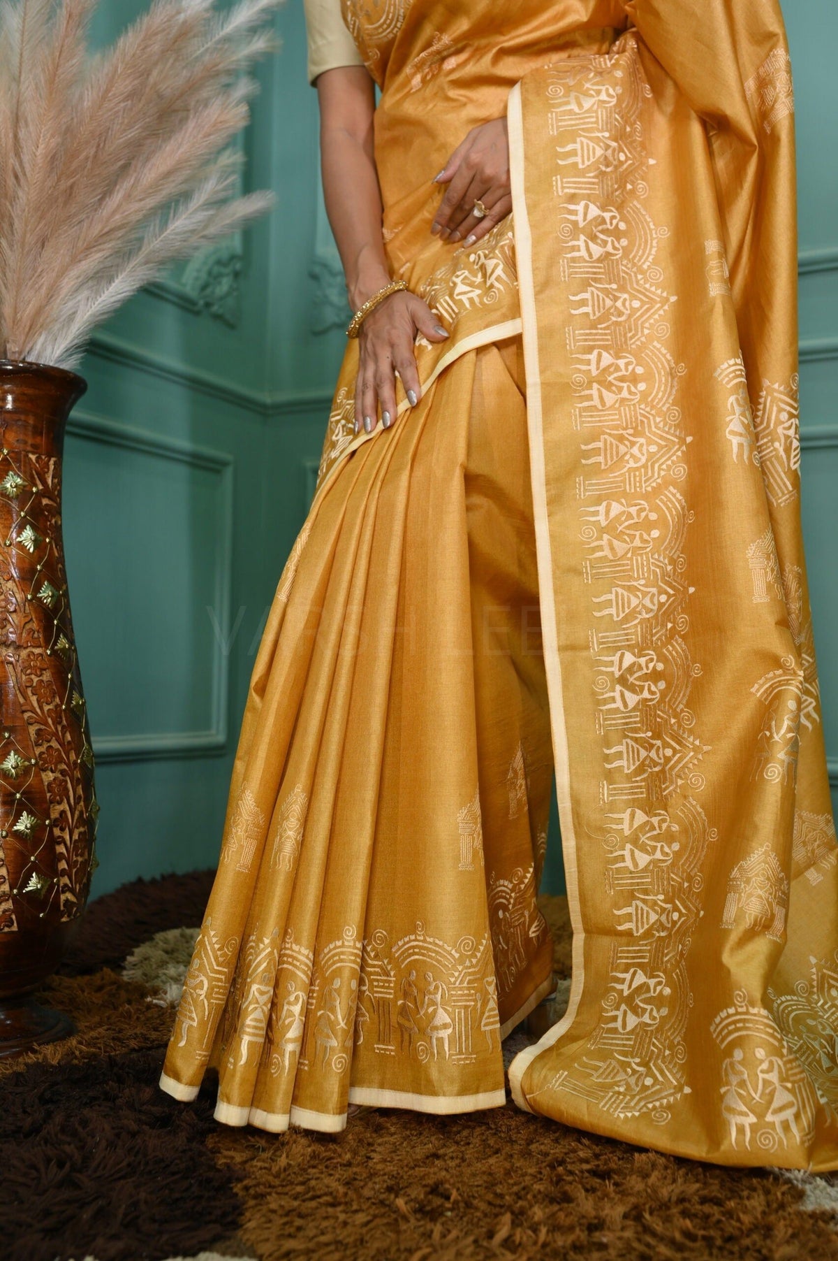 Mustard Handloom Pure Kosa Silk Saree with Bastar Embroidery Work