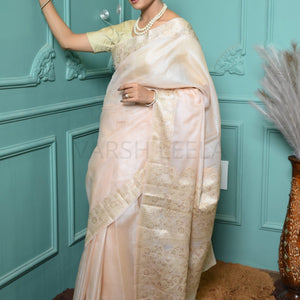 Pastel Peach Meena Plain Handloom Pure Kosa Silk Saree