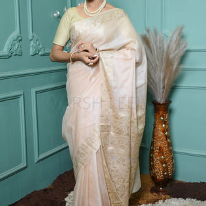 Pastel Peach Meena Plain Handloom Pure Kosa Silk Saree