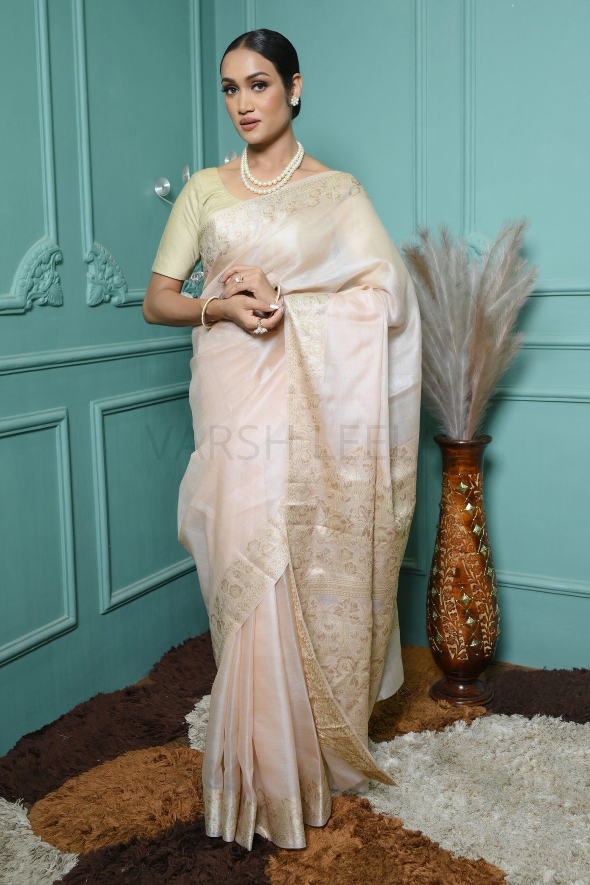 Pastel Peach Meena Plain Handloom Pure Kosa Silk Saree