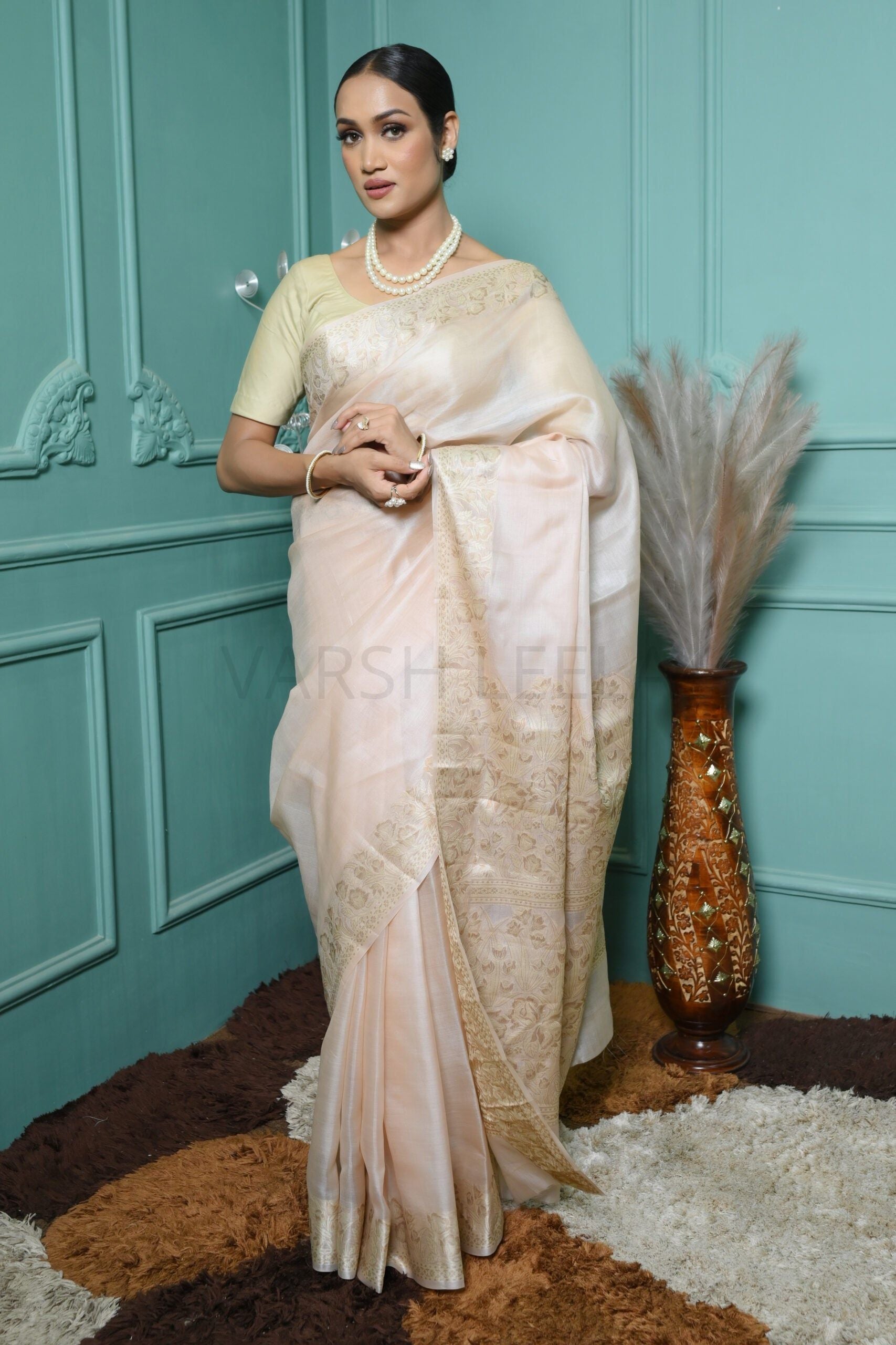 Pastel Peach Meena Plain Handloom Pure Kosa Silk Saree