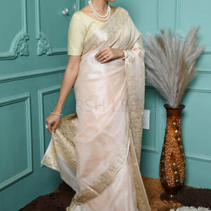 Pastel Peach Meena Plain Handloom Pure Kosa Silk Saree