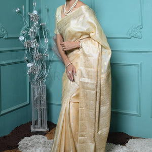 Off White Meena Booty Handloom Pure Kosa Silk Saree