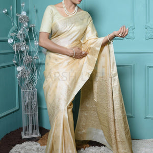 Off White Meena Booty Handloom Pure Kosa Silk Saree