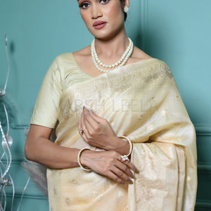 Off White Meena Booty Handloom Pure Kosa Silk Saree