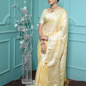 Lemon Yellow Meena Plain Handloom Pure Kosa Silk Saree