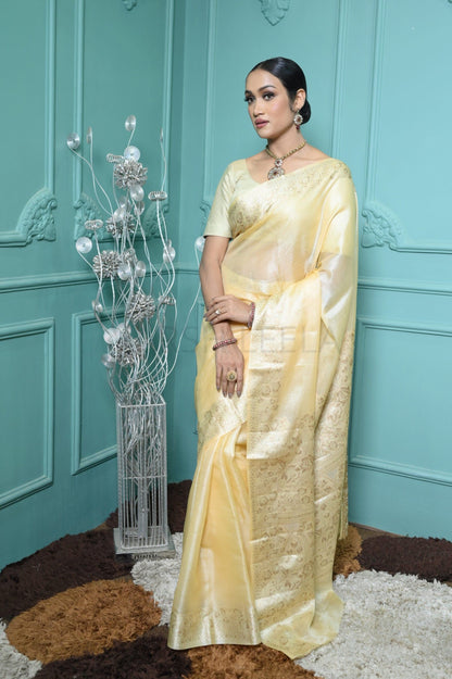 Lemon Yellow Meena Plain Handloom Pure Kosa Silk Saree