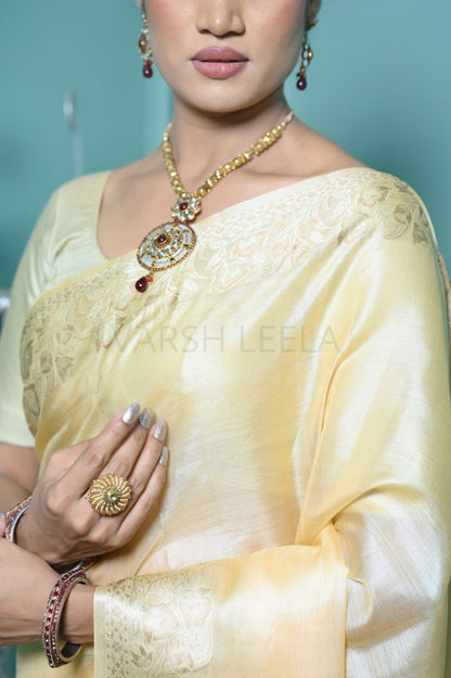 Lemon Yellow Meena Plain Handloom Pure Kosa Silk Saree