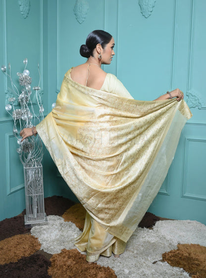 Lemon Yellow Meena Plain Handloom Pure Kosa Silk Saree
