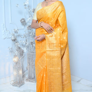 Yellow Meena Booty Handloom Pure Kosa Silk Saree