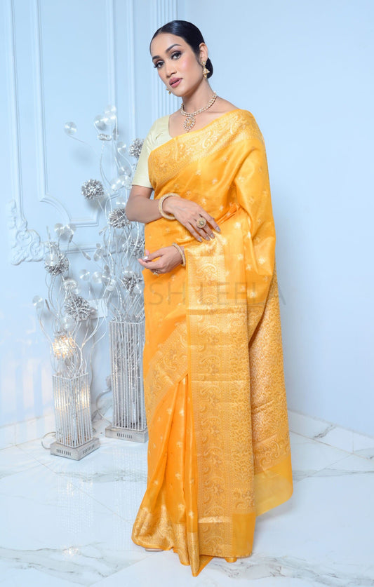 Yellow Meena Booty Handloom Pure Kosa Silk Saree