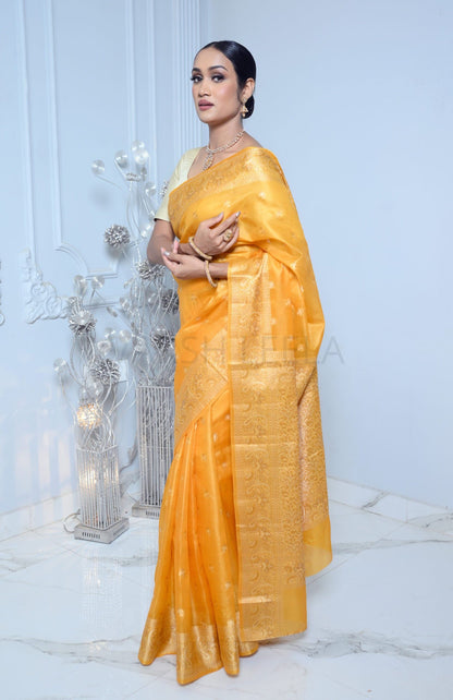 Yellow Meena Booty Handloom Pure Kosa Silk Saree