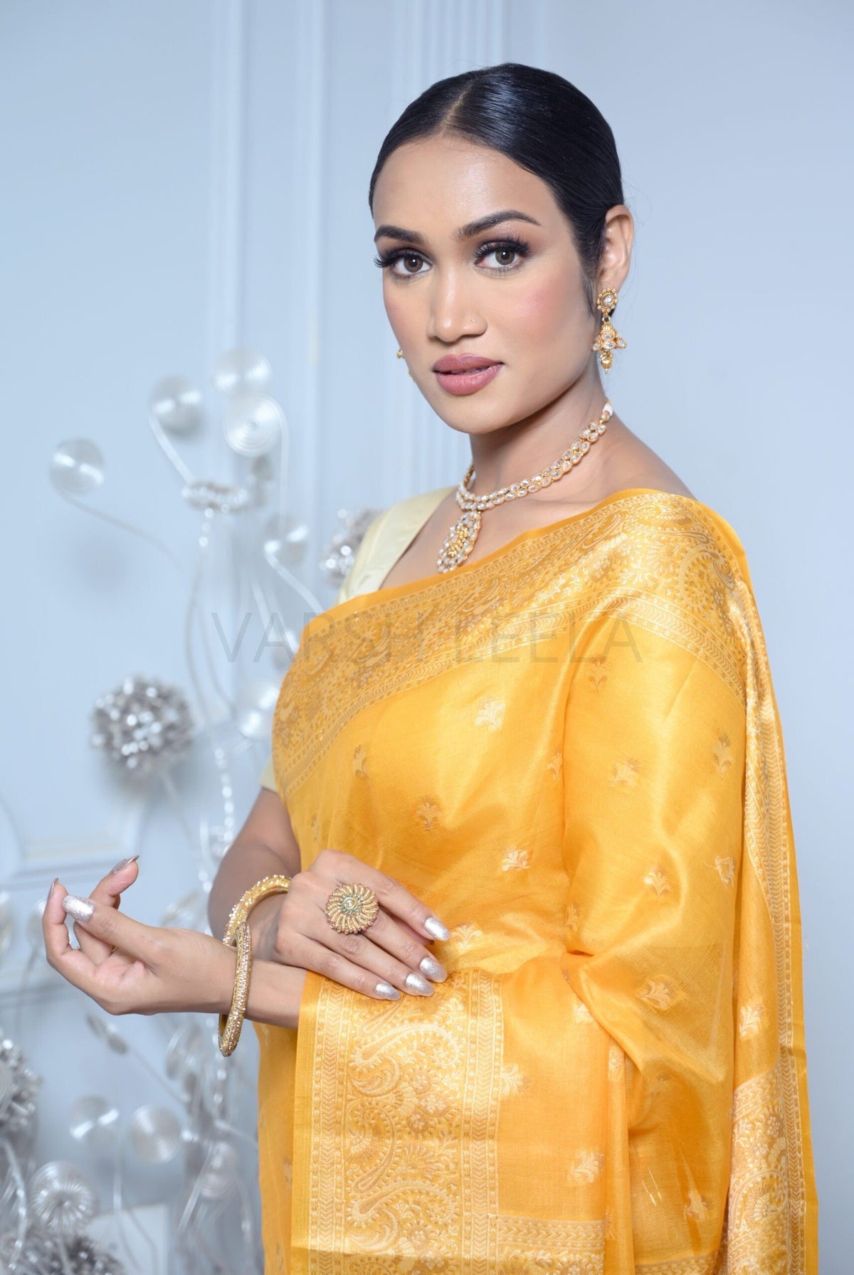 Yellow Meena Booty Handloom Pure Kosa Silk Saree