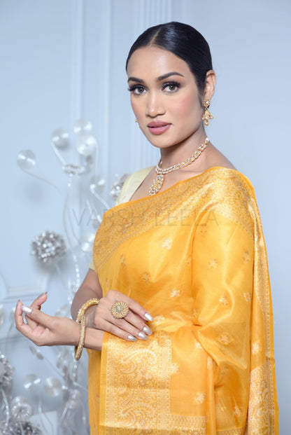 Yellow Meena Booty Handloom Pure Kosa Silk Saree