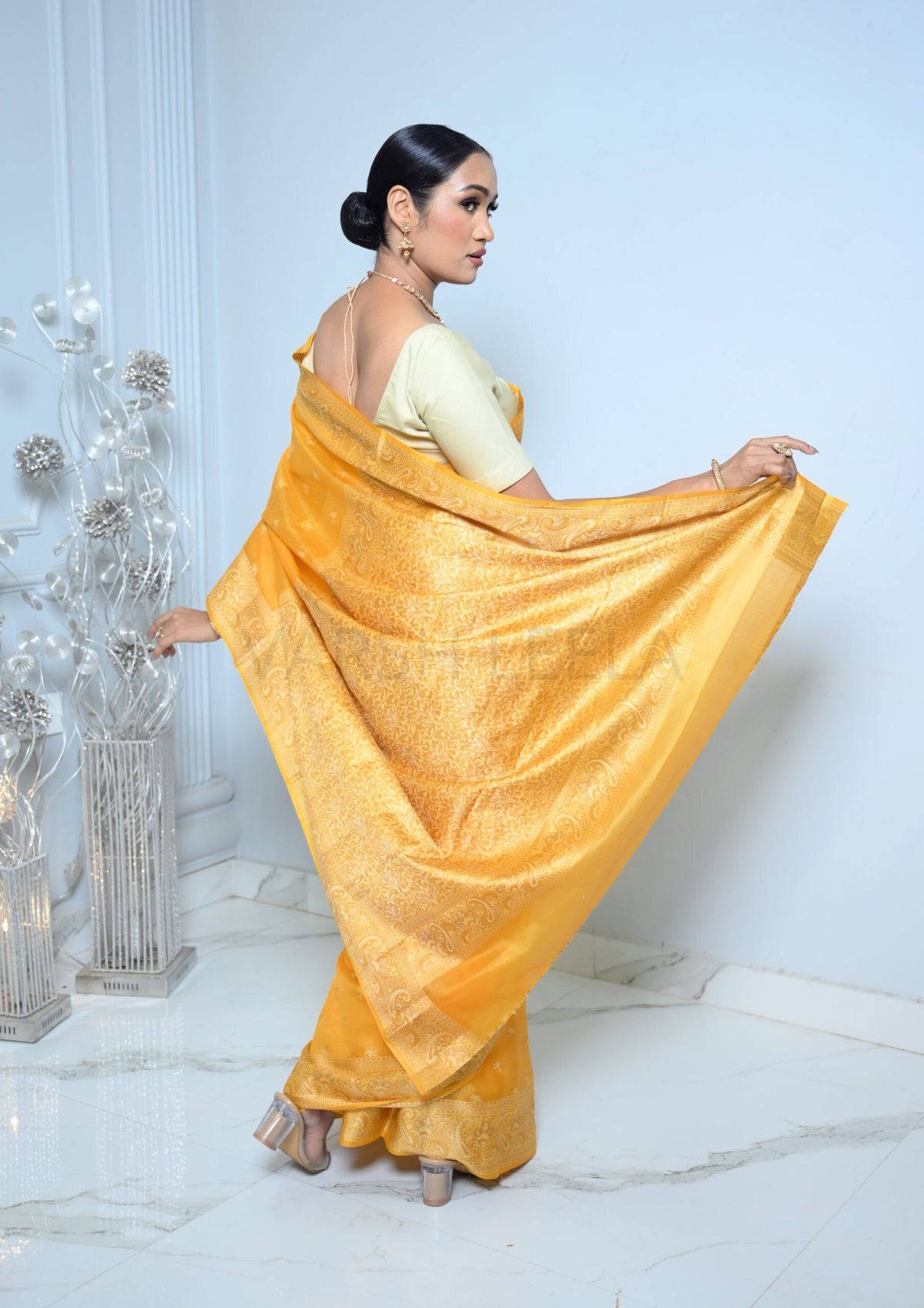 Yellow Meena Booty Handloom Pure Kosa Silk Saree