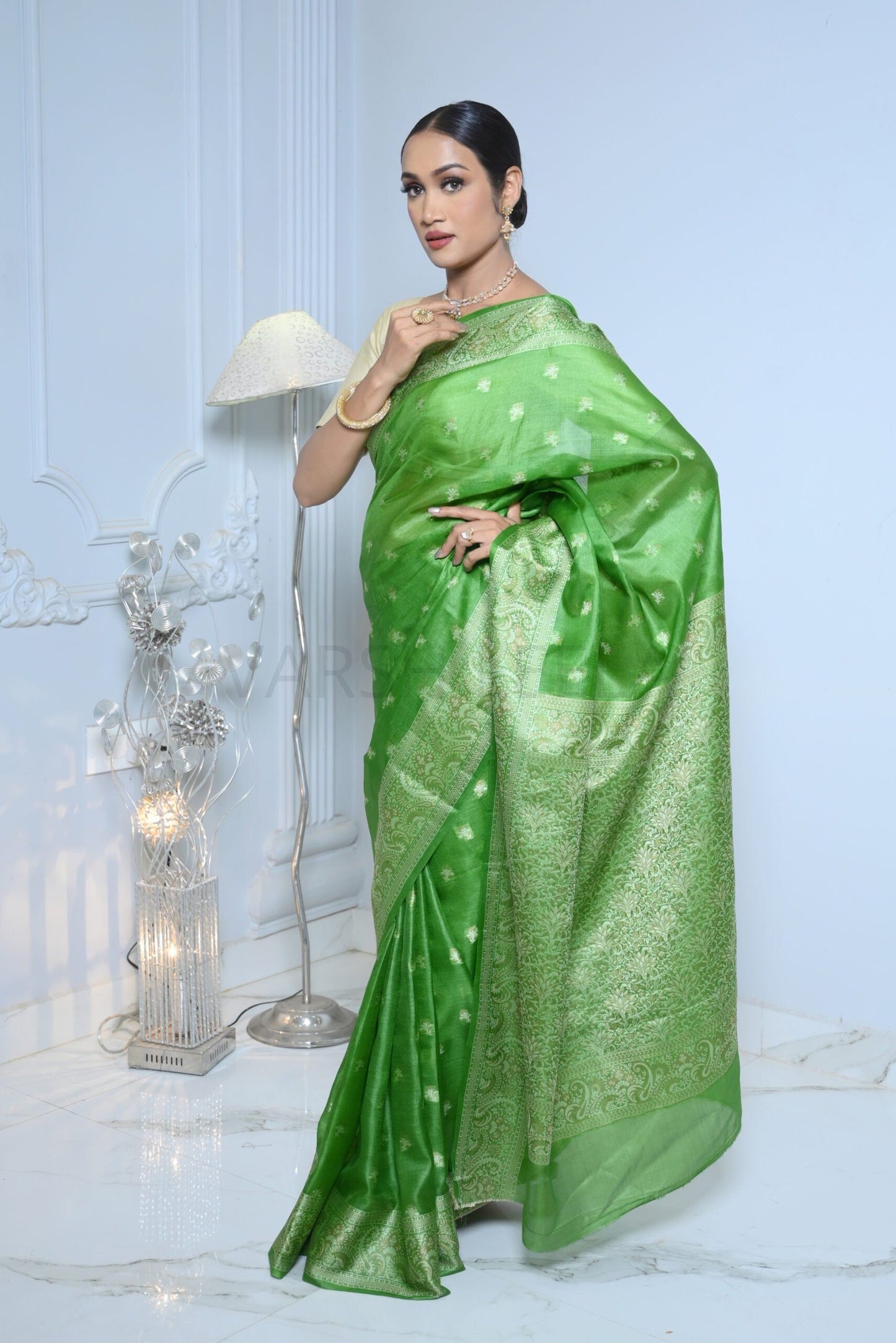 Green Meena Booty Handloom Pure Kosa Silk Saree