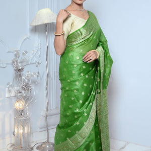 Green Meena Booty Handloom Pure Kosa Silk Saree