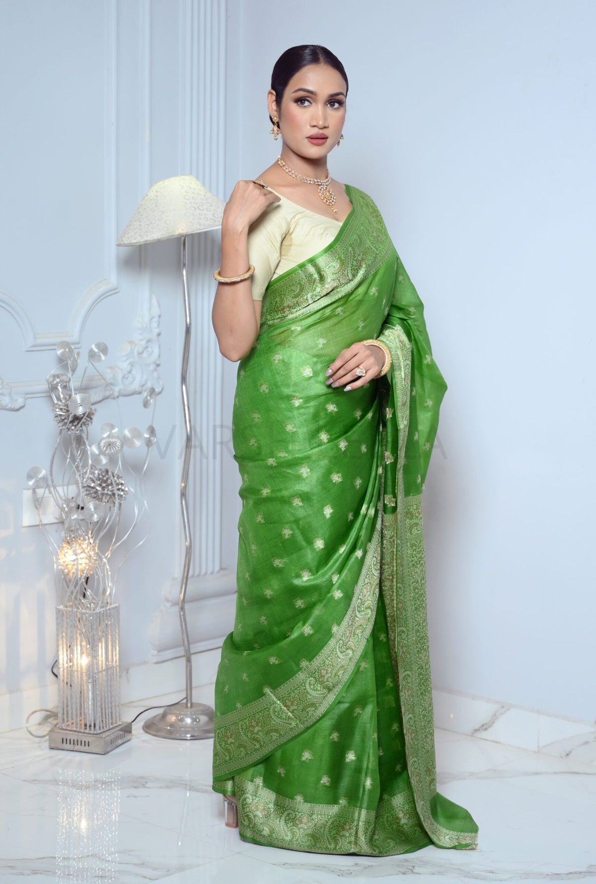 Green Meena Booty Handloom Pure Kosa Silk Saree