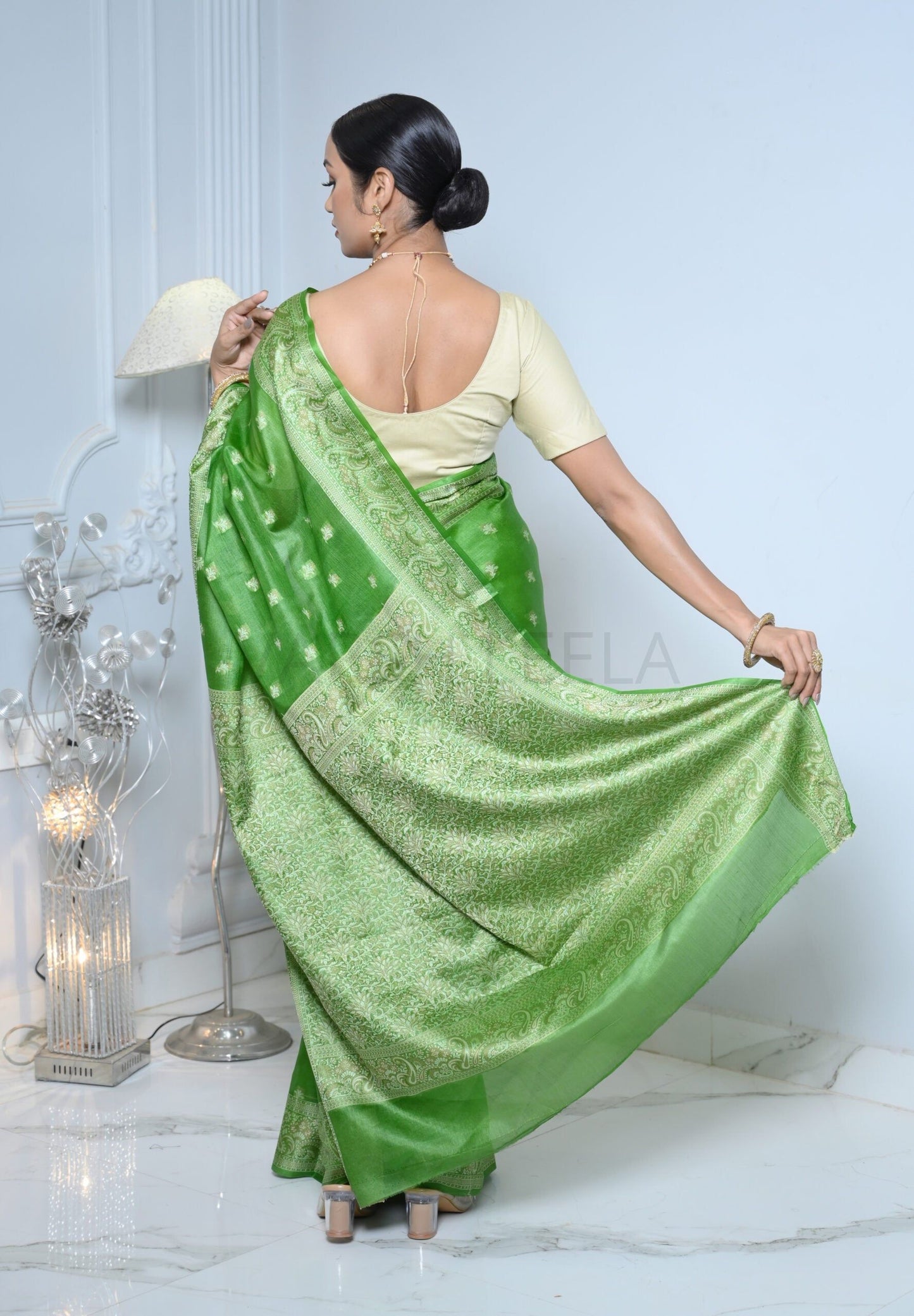 Green Meena Booty Handloom Pure Kosa Silk Saree