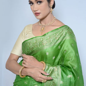 Green Meena Booty Handloom Pure Kosa Silk Saree