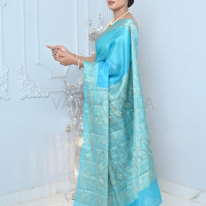 Light Blue Meena Plain Handloom Pure Kosa Silk Saree