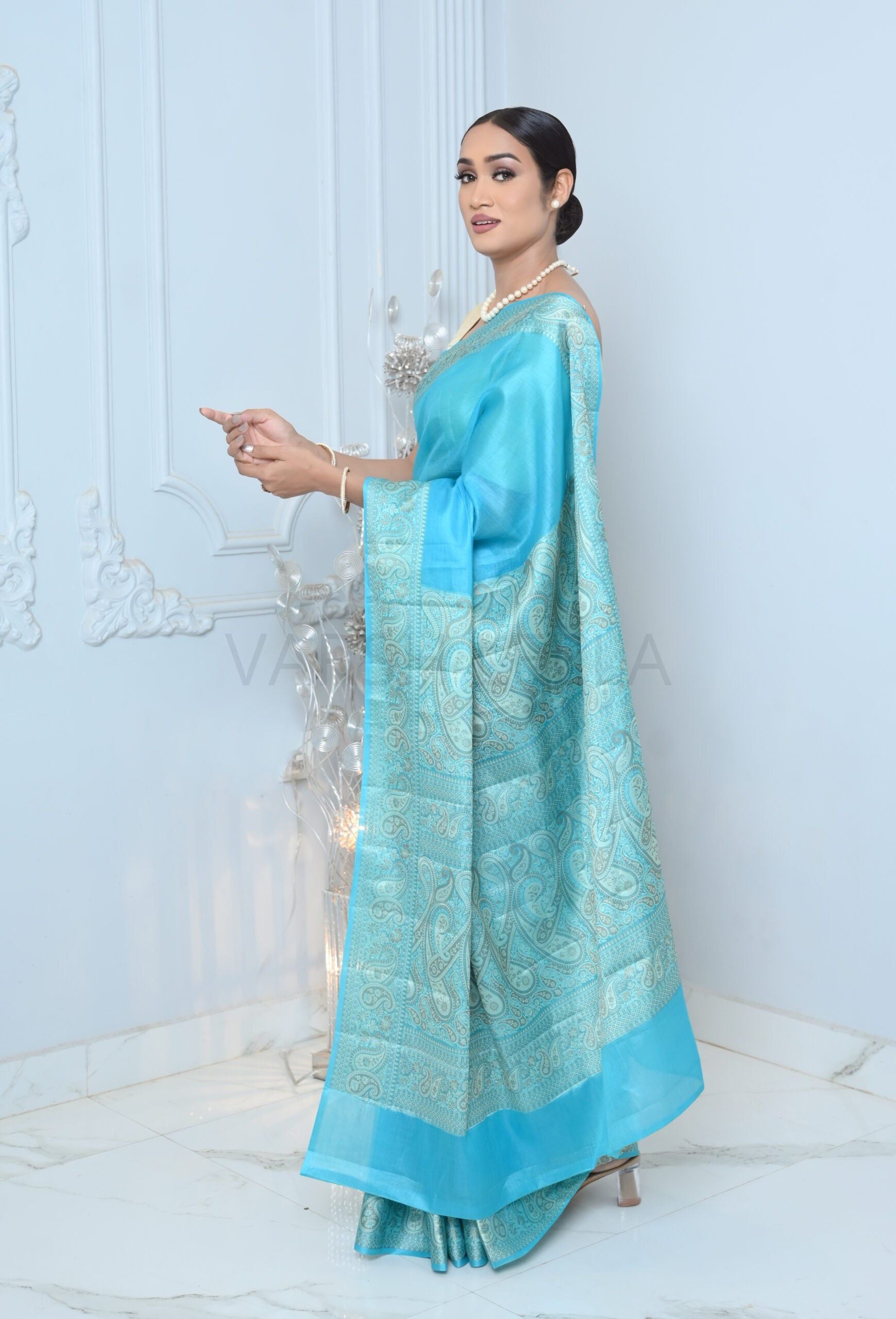 Light Blue Meena Plain Handloom Pure Kosa Silk Saree