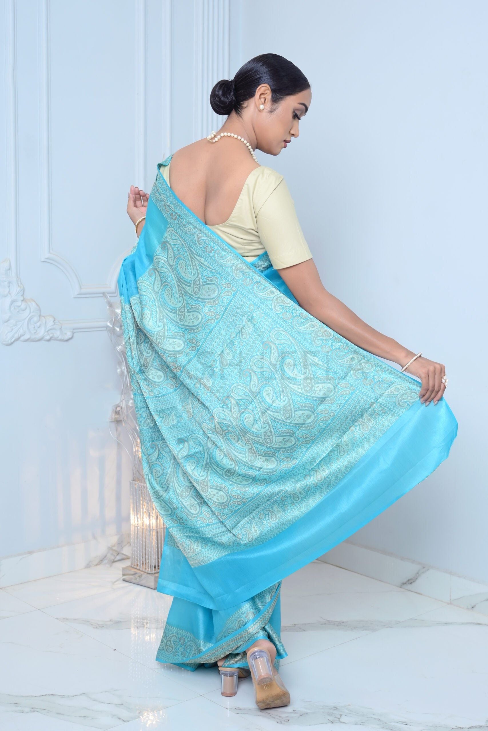 Light Blue Meena Plain Handloom Pure Kosa Silk Saree