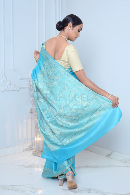 Light Blue Meena Plain Handloom Pure Kosa Silk Saree