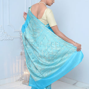 Light Blue Meena Plain Handloom Pure Kosa Silk Saree