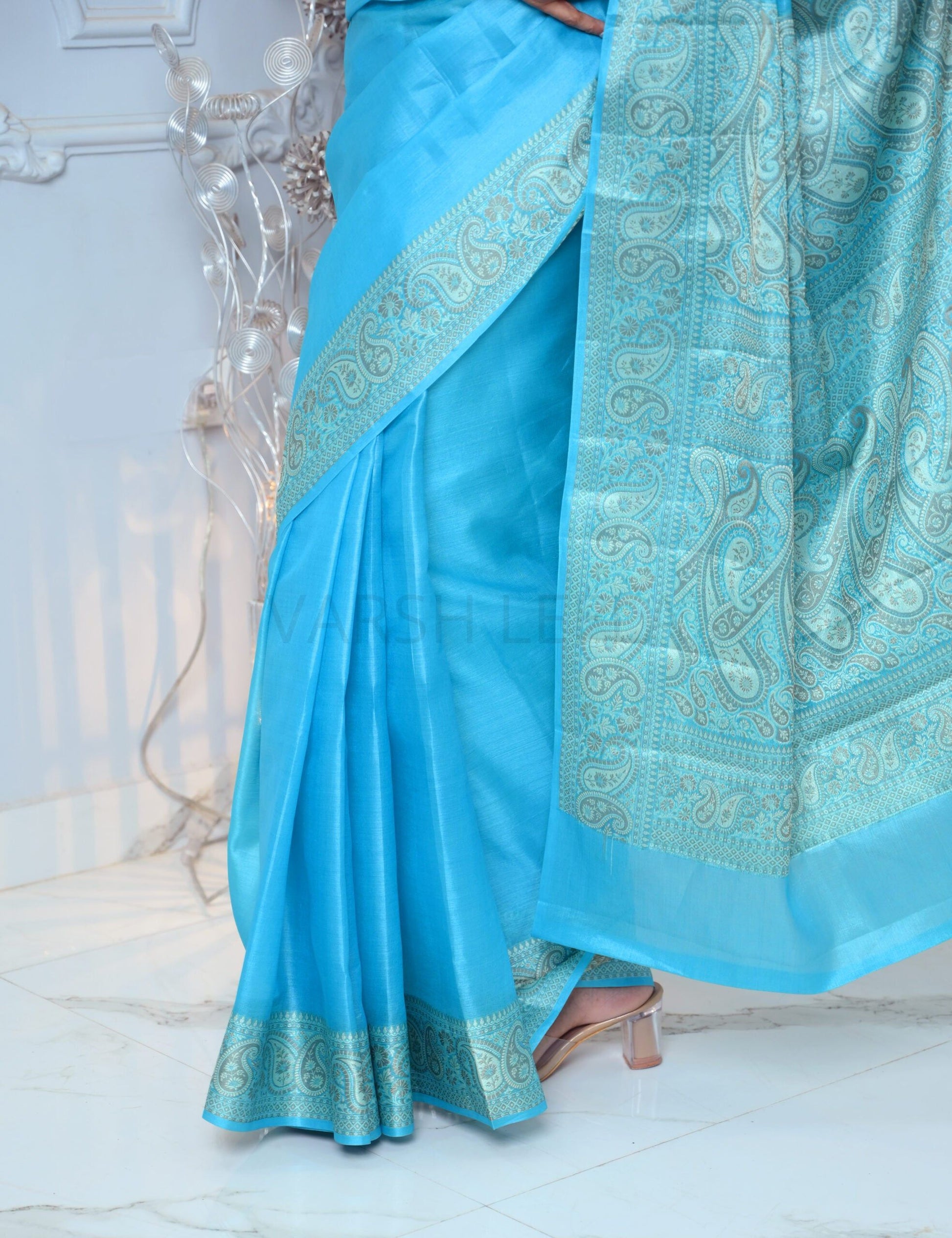 Light Blue Meena Plain Handloom Pure Kosa Silk Saree