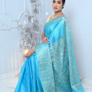 Light Blue Meena Plain Handloom Pure Kosa Silk Saree