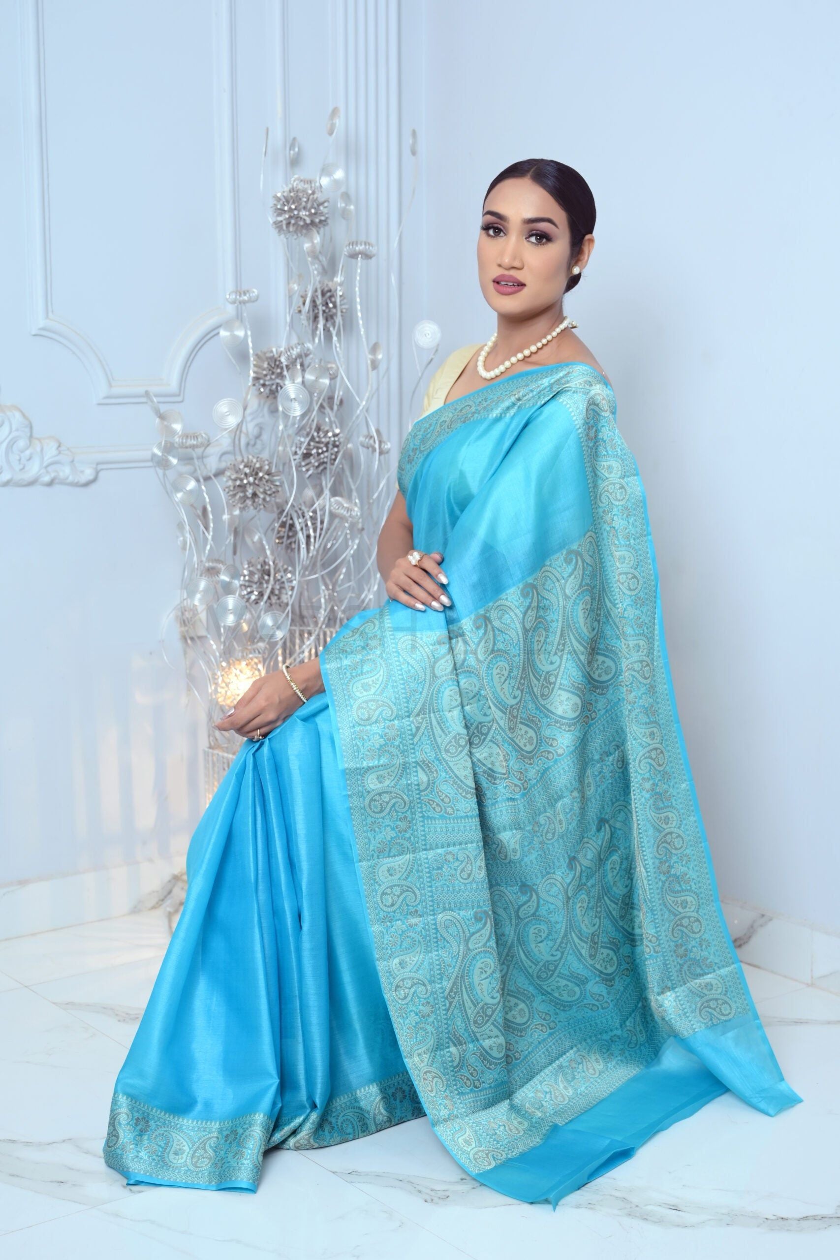 Light Blue Meena Plain Handloom Pure Kosa Silk Saree