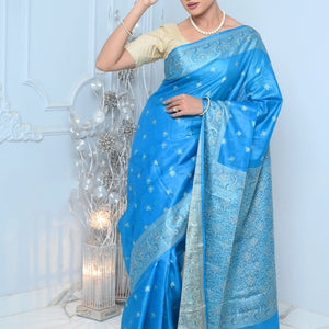 Sky Blue Meena Booty Handloom Pure Kosa Silk Saree