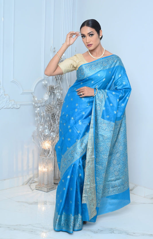 Sky Blue Meena Booty Handloom Pure Kosa Silk Saree