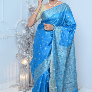 Sky Blue Meena Booty Handloom Pure Kosa Silk Saree