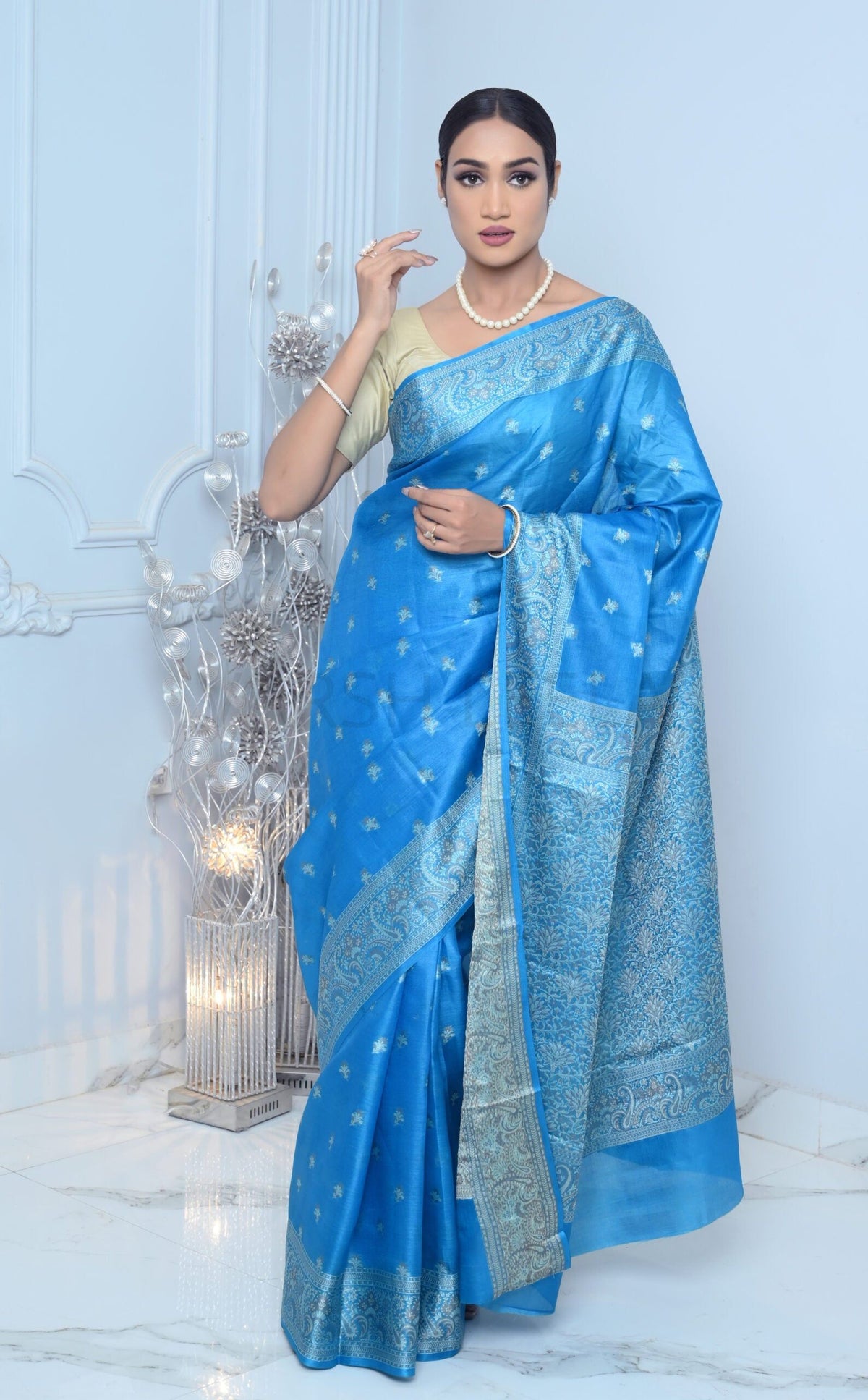 Sky Blue Meena Booty Handloom Pure Kosa Silk Saree