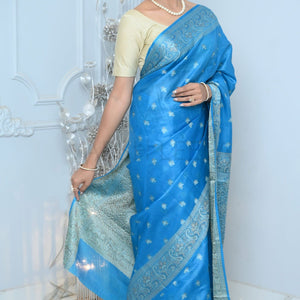 Sky Blue Meena Booty Handloom Pure Kosa Silk Saree