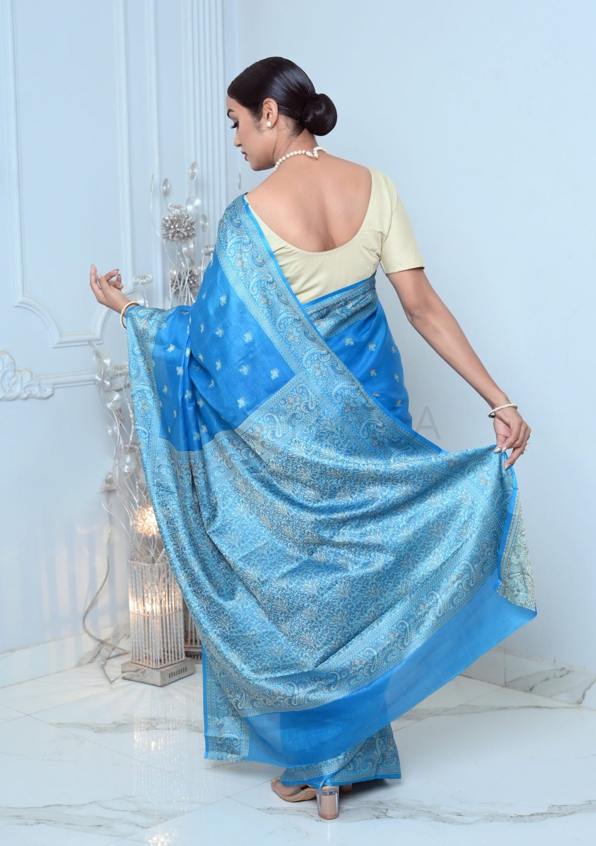Sky Blue Meena Booty Handloom Pure Kosa Silk Saree